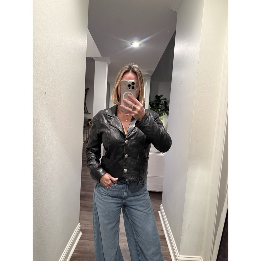 Vintage 70s Pioneer Wear Womens Western Cropped  Leather Jacket Black biker Sz 6